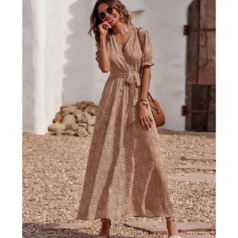 Dalmatian Print Surplice Neck Belted Dress